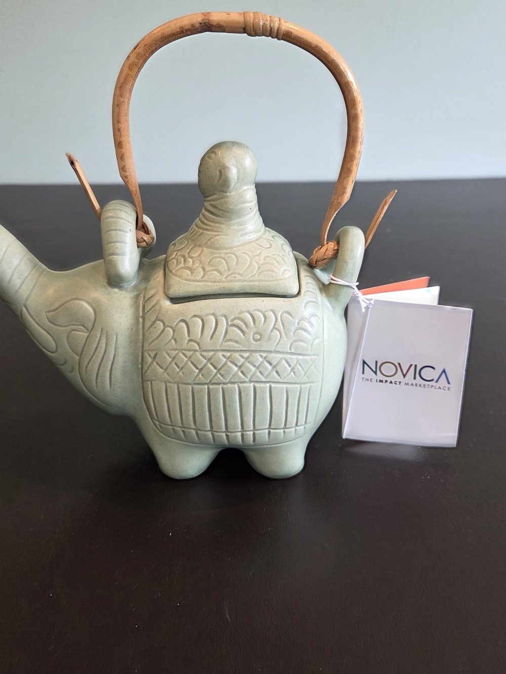 NOVICA "Buddha and the Jade Elephant" Celadon Ceramic Teapot Rattan Handle